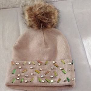 Tan Beanie with Faux Fur Pom Pom And Embellishments